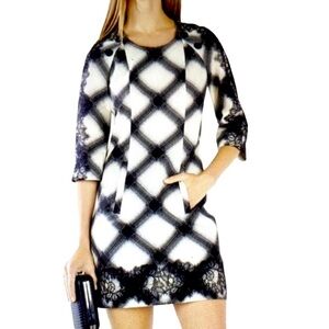 BCBG MaxAzria Plaid Jacquard Lace Trim Shift Dress